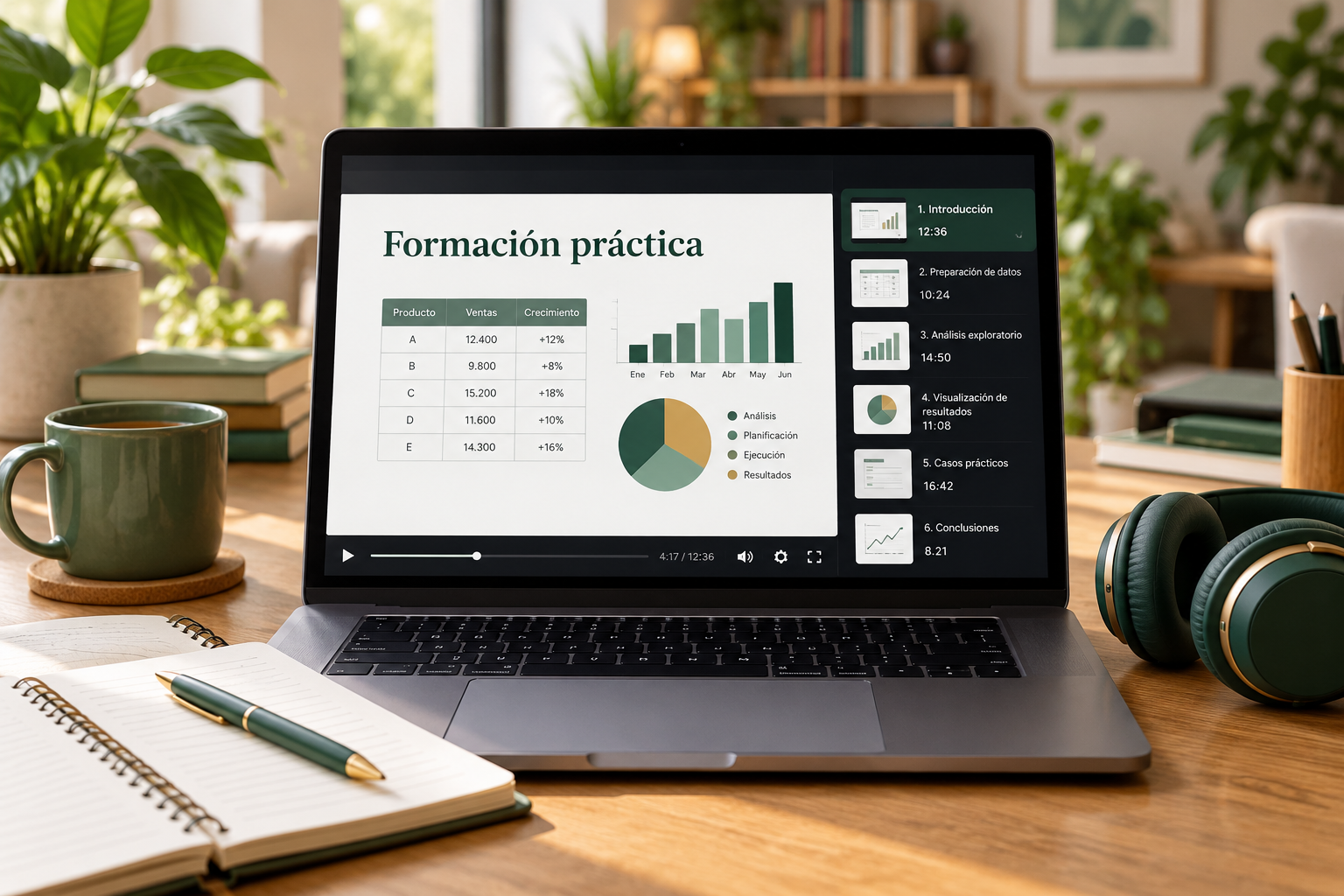 Espacio de estudio con una clase en línea ilustrativa, un cuaderno y audífonos.