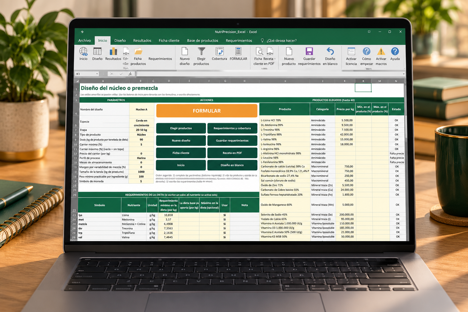 Computador con una hoja de cálculo de NutriPrecision Excel, tablas y botones de formulación.