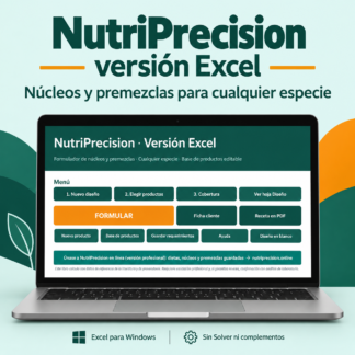 Portada de NutriPrecision versión Excel con una laptop mostrando el menú del programa para diseñar núcleos y premezclas.