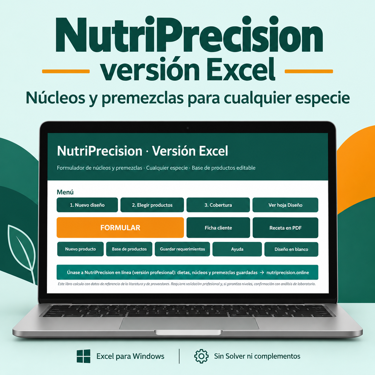 Portada de NutriPrecision versión Excel con una laptop mostrando el menú del programa para diseñar núcleos y premezclas.