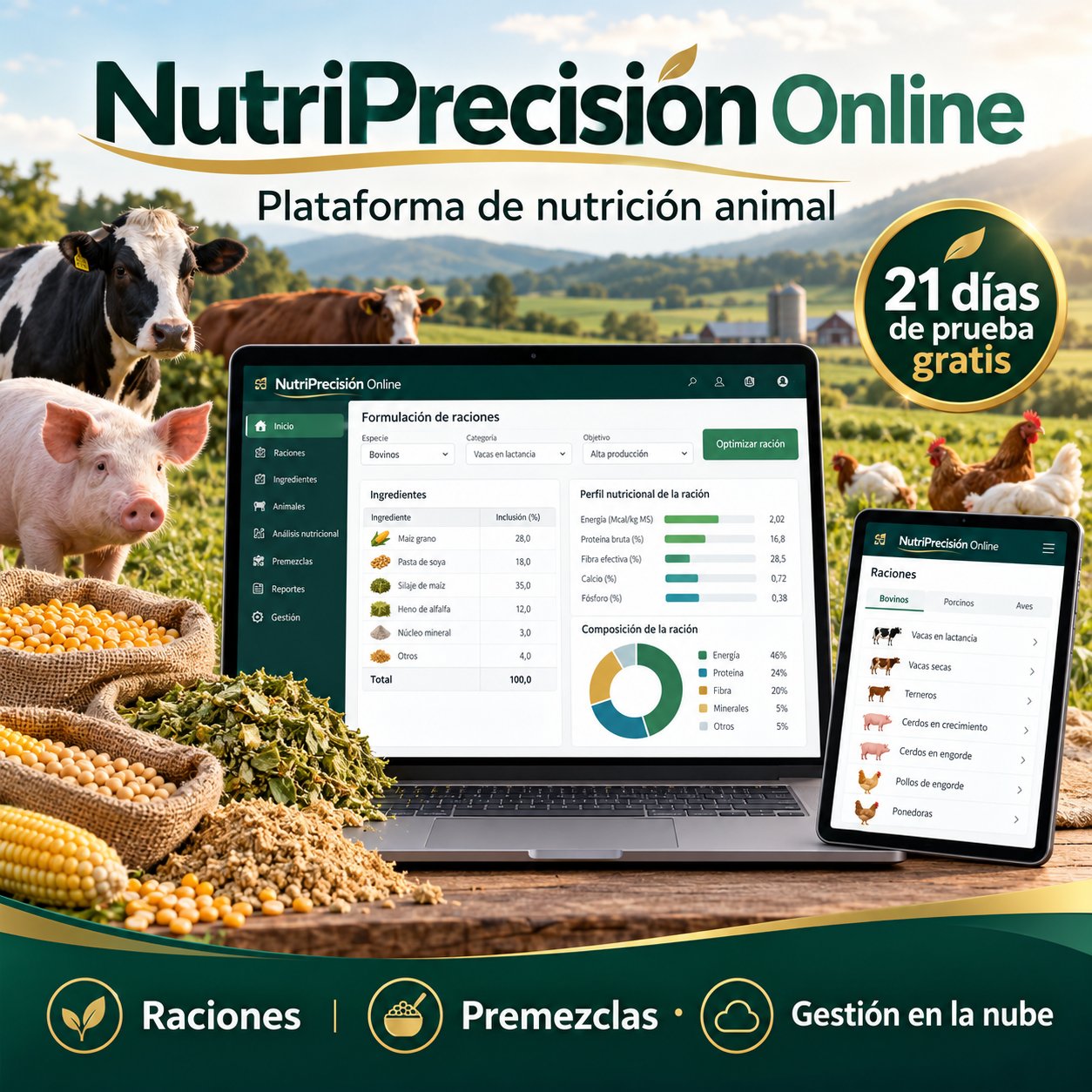 Ilustración promocional de NutriPrecisión Online: plataforma de nutrición animal con 21 días de prueba gratis, raciones, premezclas y gestión en la nube.